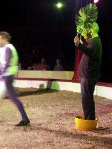 Pete May bravely stands in as a flower with Zippos Circus clowns.